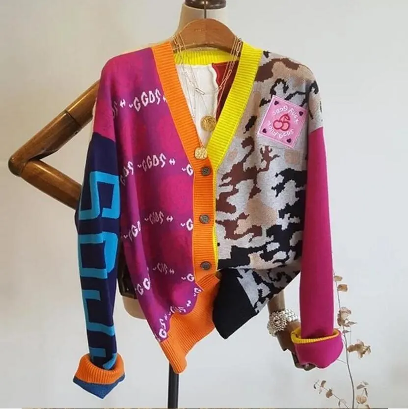 Nuovi maglioni da donna cardigan casual a maniche lunghe autunno scollo a V patchwork maglione lavorato a maglia giacca con stampa di lettere