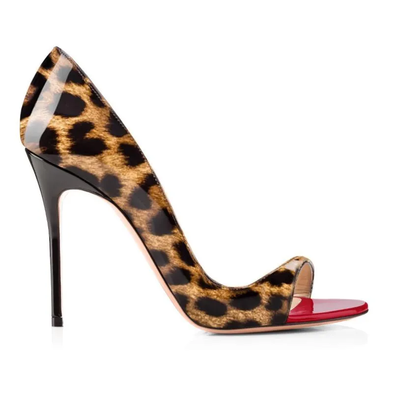 Sandalias Sexy Estampado de leopardo Toe Moda Bolso Fino Tacón alto Zapatos de mujer de gran tamaño