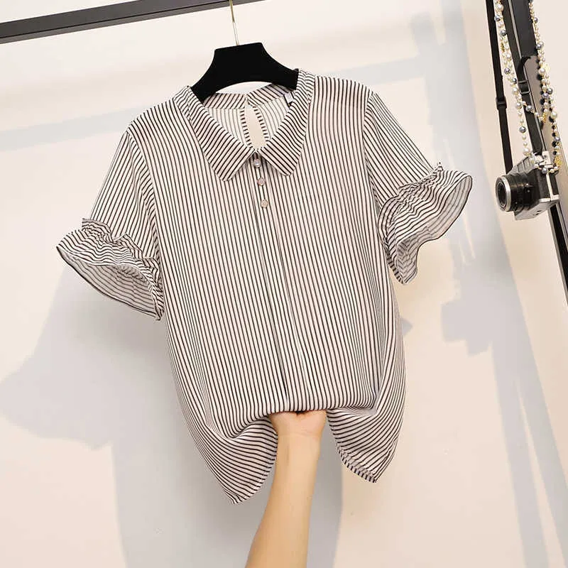 4XL Sexy V-neck Blouse Women Casual Summer Stripe Tops And Blouse short Sleeve Plus Size Shirts office ladies mujer de moda 210604