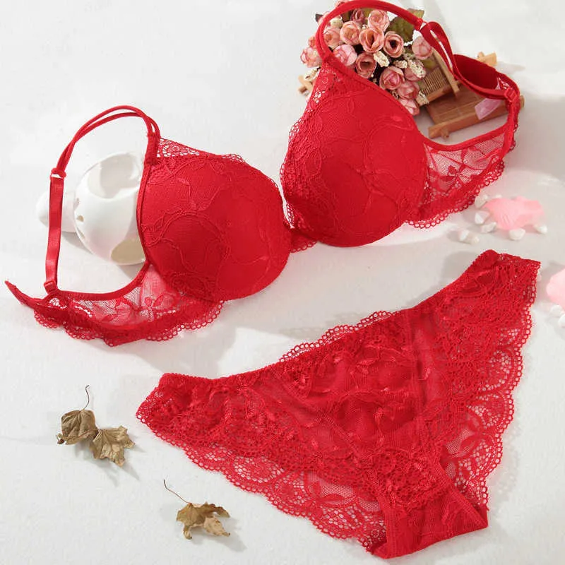 Women's Sexy Lace Plunge Push Up Bra and Panty Set, 6 Colors, Q0705