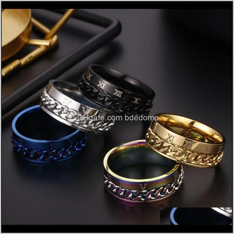 8 mm 316L roestvrij staal bruiloft band ring Romeinse cijfers goud zwart punk chain spinner ringen voor mannen vrouwen mode-sieraden drop levering 2