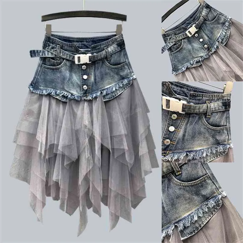 Femmes Denim Mesh Patchwork Dentelle Jupe Taille Haute Une Ligne Asymétrique Volant Tulle Gothique Chic Jupes 210629