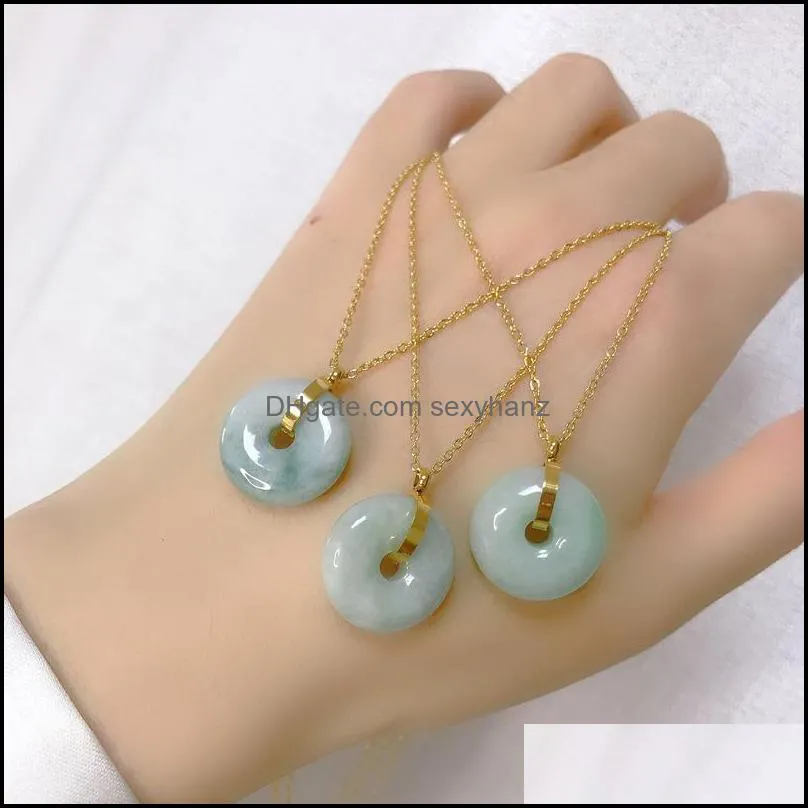 Never Fade Stainless Steel Chain Round Natural Jade Pendant Necklace Chinese Style Lucky Jewelry Jade Pendant Necklace