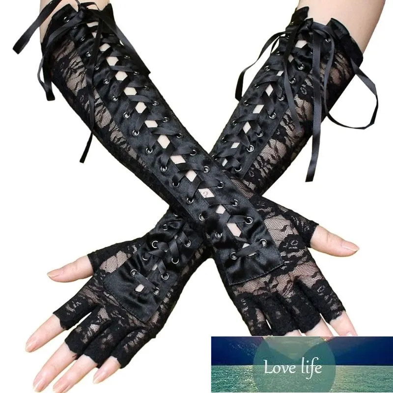 Women Sexy Lace Long Gloves Winter Elbow Length Half-finger Gloves Ribbon Fingerless Fishnet Mesh Etiquette Party Goth Gloves Factory price expert design Quality