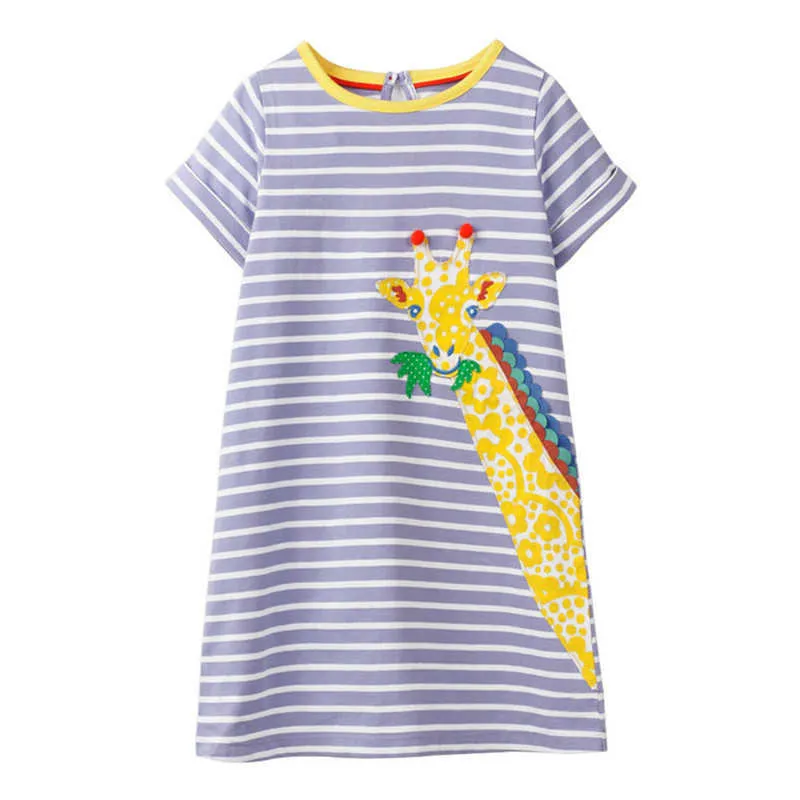 Jumping Metrów Aplika Zwierzęta Dresses Baby Summer Giraffe Girl Odzież Bawełna Krótki Rękaw Pasek Księżniczka Dzieci Tunika Dress 210529