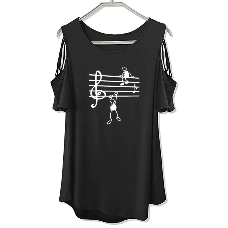 Musik Noten Druck Hemd Weibliche Harajuku Off Schulter Student Musik Liebhaber Geschenk Mode T-Shirt Frauen Hohl Femme Tops 210311