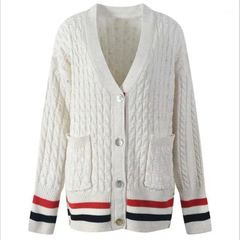 Kvinnors Jackor 2021 Nisch Casual Color-Stripe Striped Sweater Coat Kvinnor, Höst och Vinter V-Neck Twist Flätad Lös Sticka Top