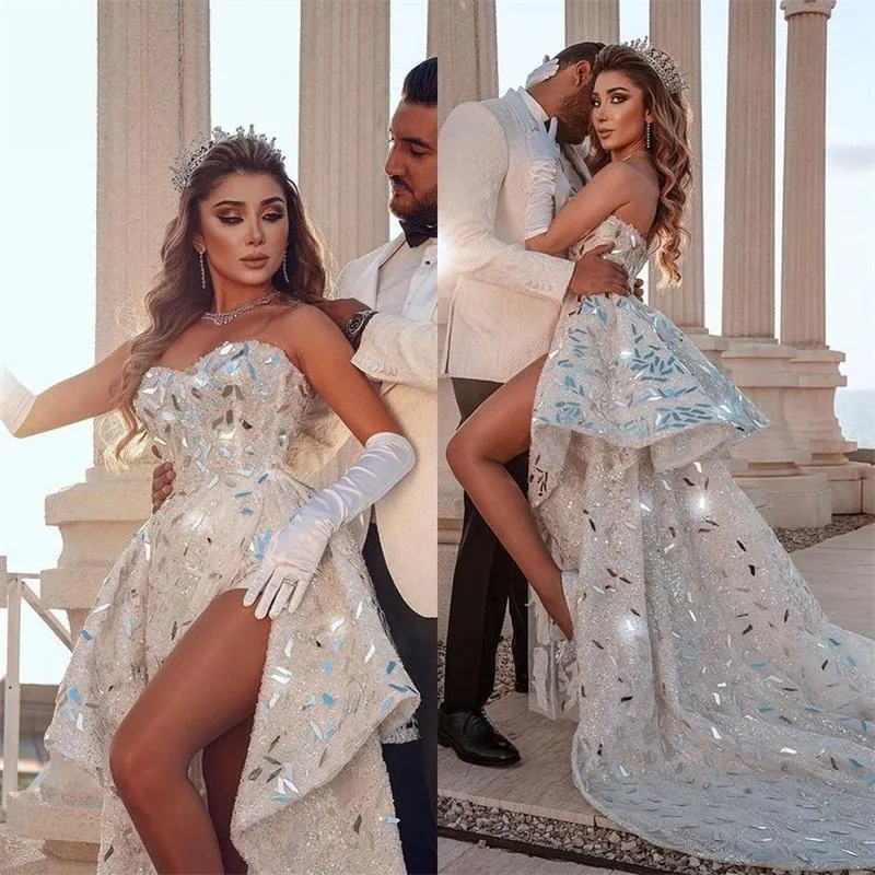 Gümüş Sparkly Sequins Gelinlik Modelleri Sevgiliye Boyun Çizgisi Yüksek Düşük Bölünmüş Dantelli Boncuklu Custom Made Akşam Parti Abiye Artı Boyutu Vestido