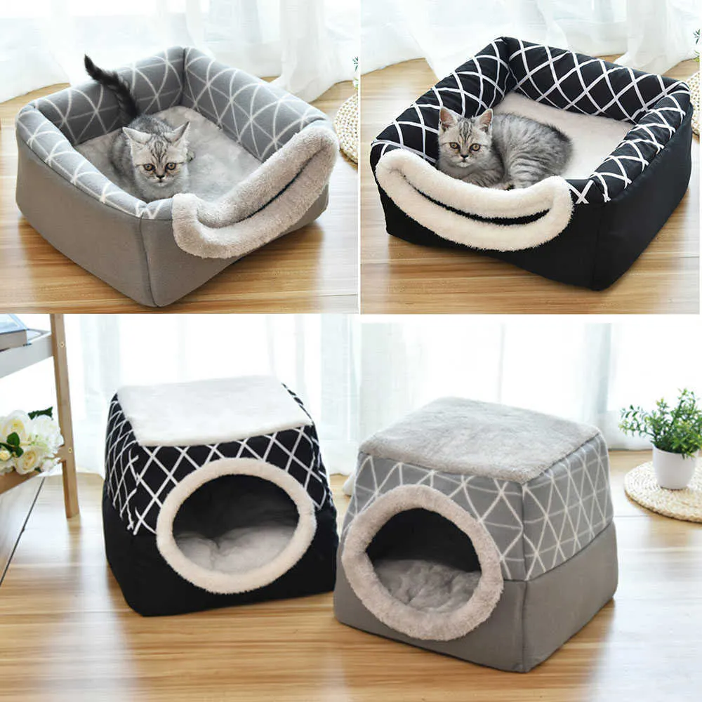 Pet bed for Cats Dogs Soft Nest Kennel Bed Cave House Sleeping Bag Mat Pad Tent Pets Winter Warm Cozy Beds 2 Size L XL 2 Colors 210713