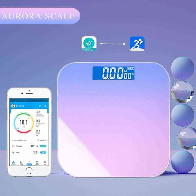 Электронная веса для ванной комнаты Bluetooth Цифровой масштаб Smart Floor Scale Светодиодный дисплей Радуга Градиент Aurora Body Fat Scales Sync App H1229