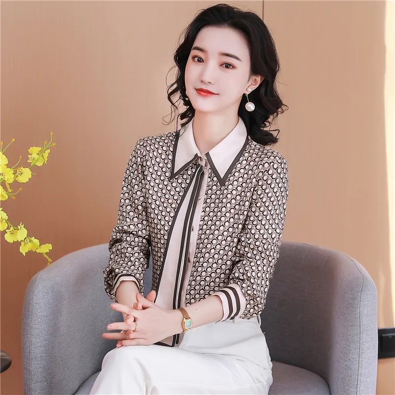 Luxury Vintage Satin Printed Runway Formal Shirts For Women For