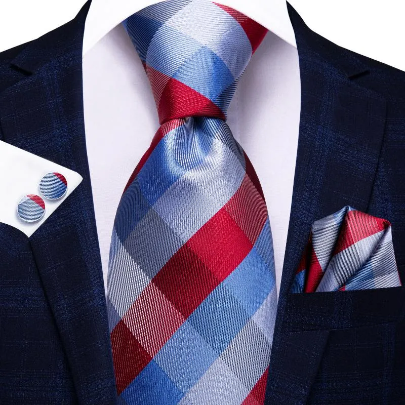 Галстук-бабочка Привет-галстук Светло-синий красный клетчатый шелковый свадебный галстук для мужчин Ручной набор запонок Модный дизайнерский подарок Мужской галстук Деловая вечеринка