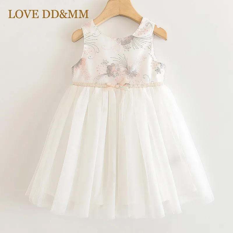 LOVE DD&MM Girls Dresses 2021 Summer New Girls Flower Embroidery Bow Temperament Stitching Mesh Sleeveless Princess Dress Q0716