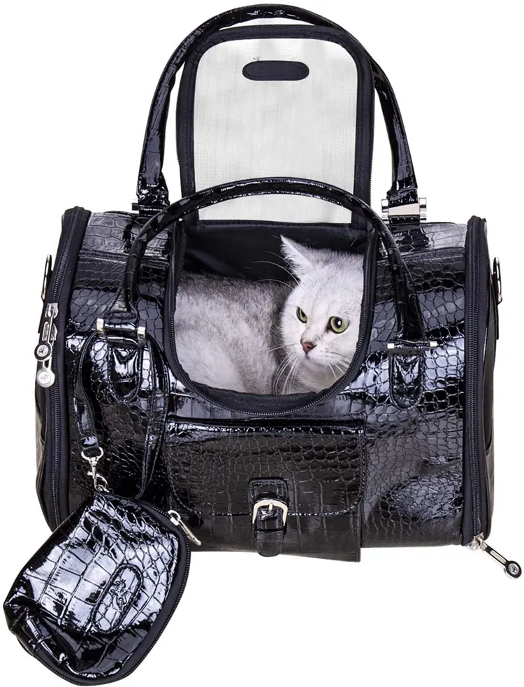 Black Luxury Fashion Dog Carrier Arrival Portable Outdoor PU Leather Puppy Handbag Purse Cat Tote Bag for Small dogs Pet Valise Travel Hiking Shopping