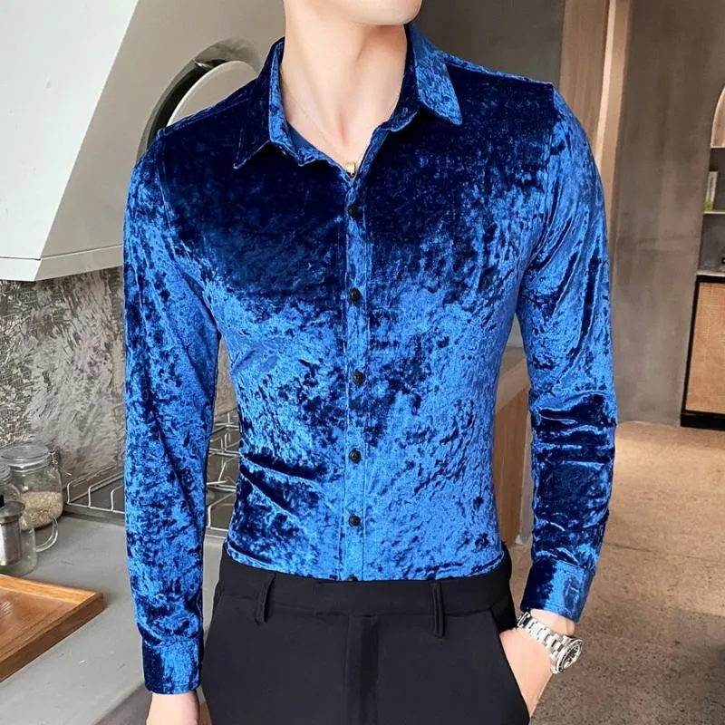 Men's Dress Shirts Velvet Shirt Autumn And Winter Pure Color Casual Boutique Fashion Brand Clothing Stretch Slim-fit Formal