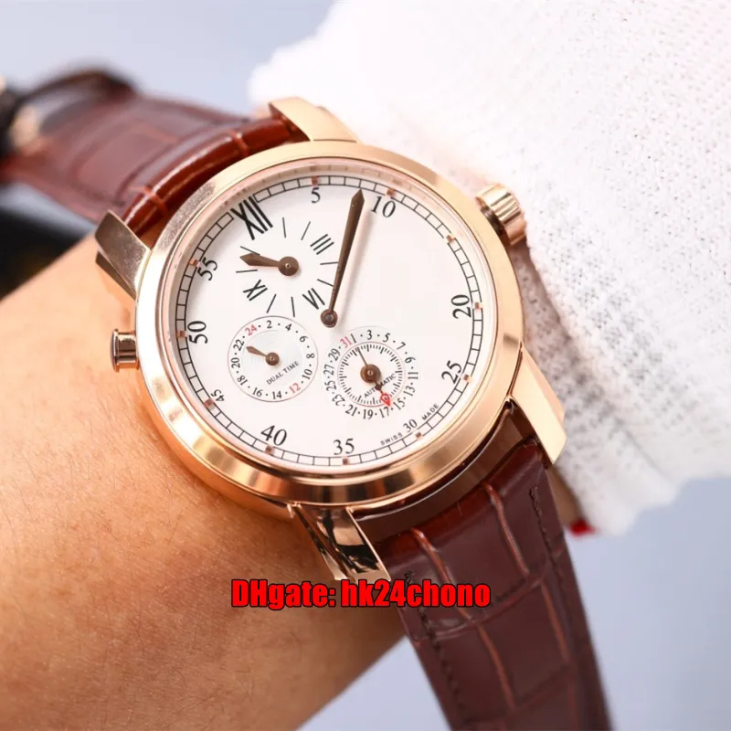 7 Styles Top Quality Watches 42005/000R-9068 Malte Dual Time Regulator Rose Gold Cal.1206 RDT Automatic Mens Watch White Dial Leather Strap Gents Sports Wristwatches