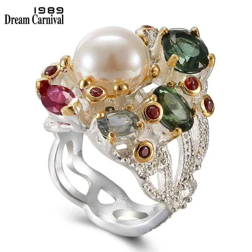 DreamCarnival1989 Hermosas Mujeres Anillos Dos Tonos Gorgeous Mixed Zirconia Pearl Jewelry Daily Wear Lover Gift Venta al por mayor WA11693 211217