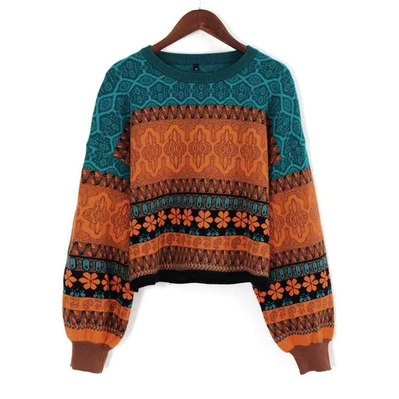 Kobieta Krótki sweter Retro Chic Łączenie Kolor Zima Młode Dziewczyny Ciepłe Odzież Dzianiny Kwiat Wzór Pullover Dla Kobiet 210917