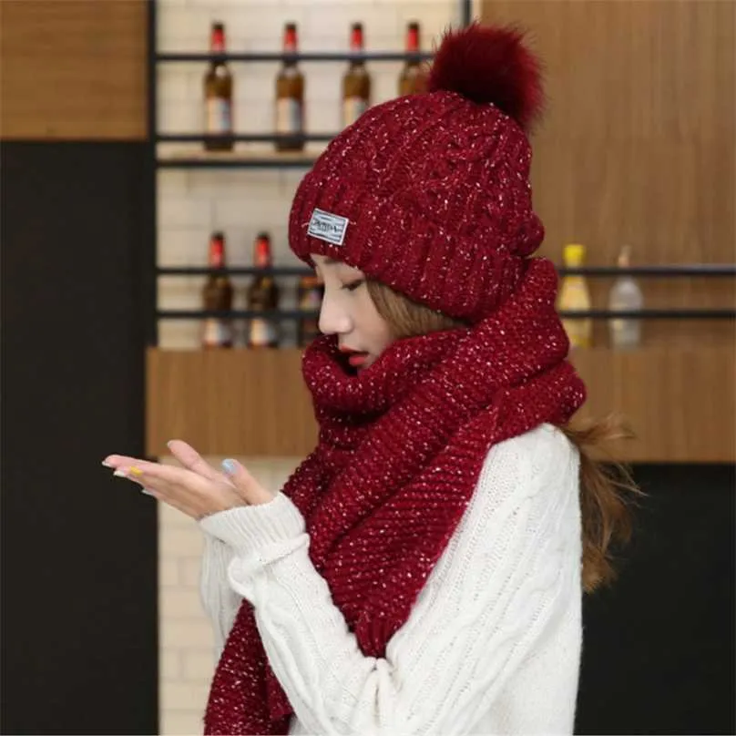 Fur Pompom Woman Knitted Hat Scarf Winter Warm Children & for Girls Boys Two Piece Set Beanie Wholesale 211119