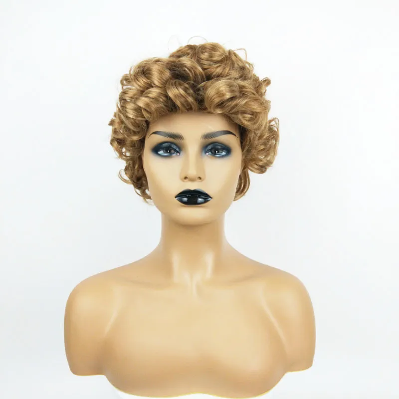 Kort lockig brun syntetisk peruk med bangs simulering mänskliga hår peruker hårstycken för svarta vita kvinnor K07