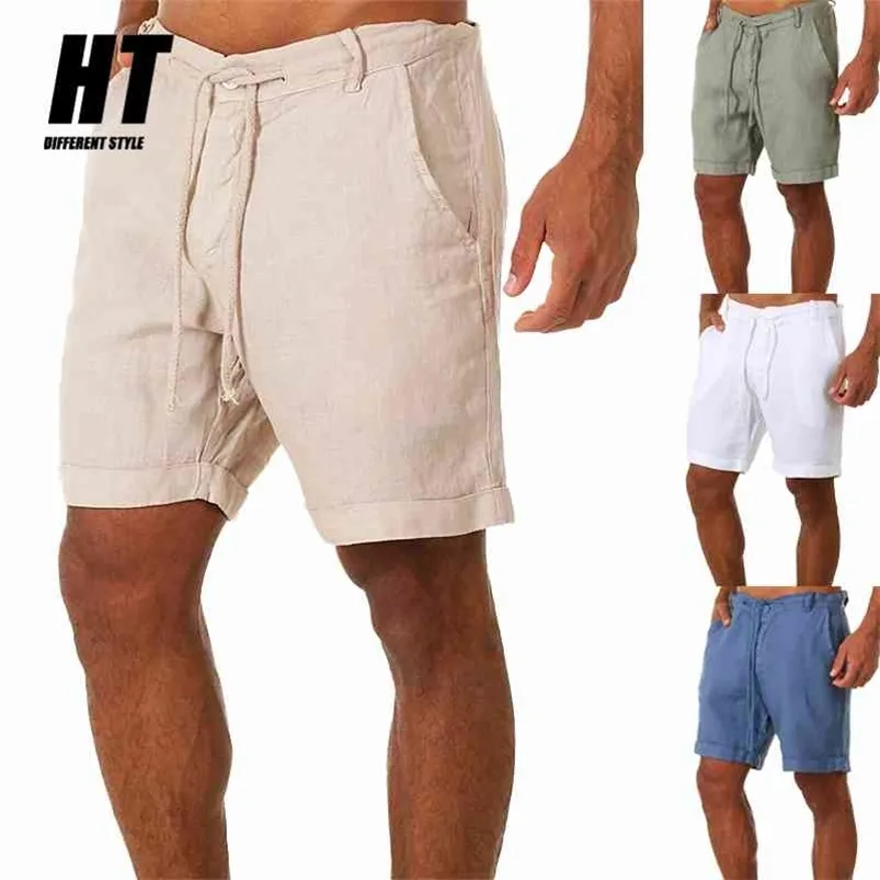 Zomer mannen shorts linnen ademend katoen sport dun lichtgewicht trekkoord solide losse strand korte broek 210714