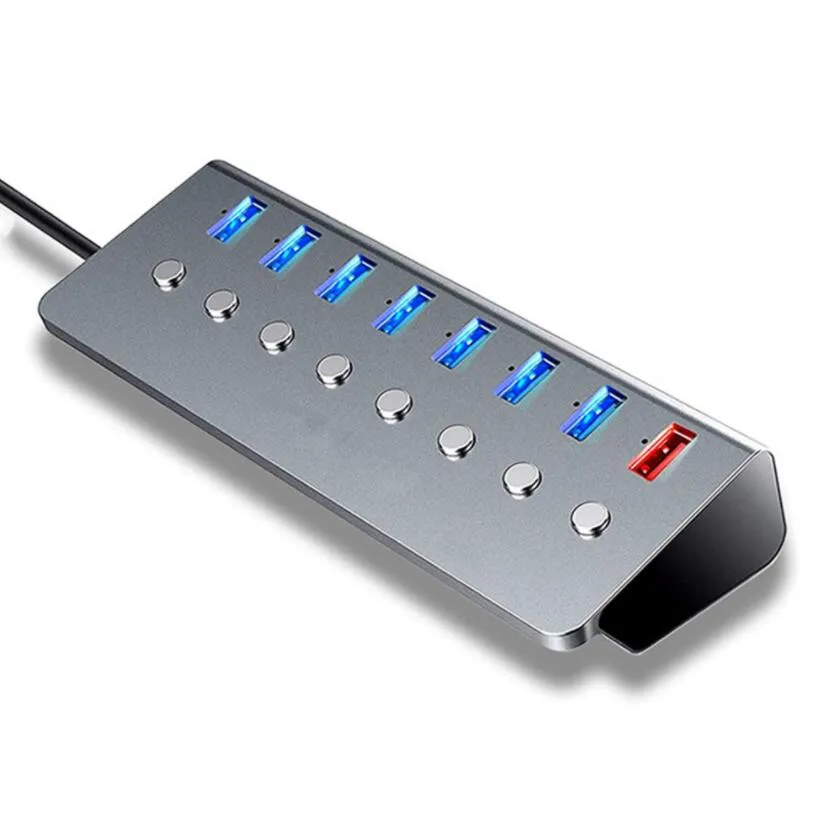 8 portar Powered USB3.0 HUB USB-förlängning med ON / OFF-omkopplare 15W Adapter Support Splitter Dator Tillbehör Strömladdare Adaptrar