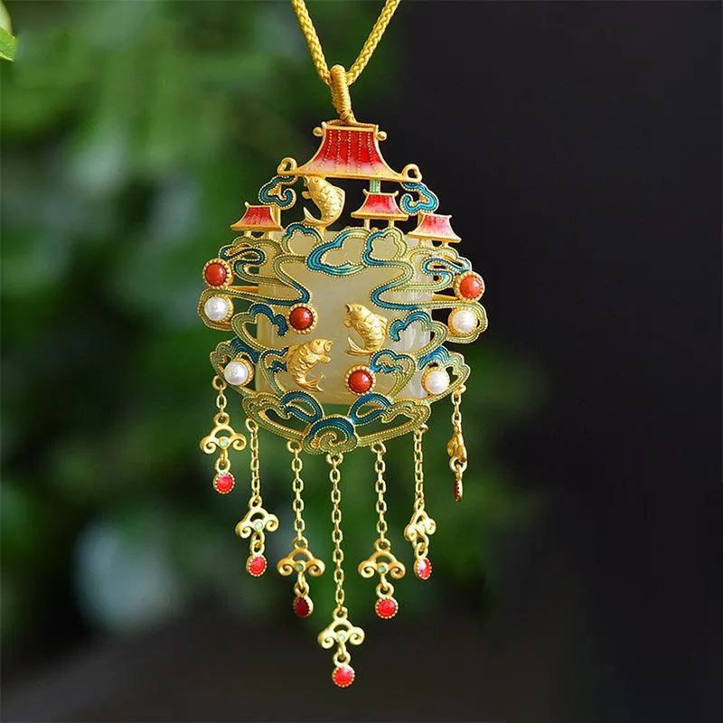 Anhänger Halsketten Yuyue Longmen Nachahmung Natürliche Hetian Jade Halskette Plattierte alte Gold Retro Ethnische Stil Chinesische Pulloverkette