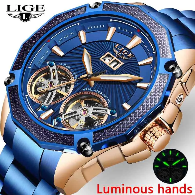 Relogio LIGE Brand Luxury Men Watches Automatic Blue Watch Men Stainless Steel Waterproof Business Sport Mechanical Wristwatch 210527