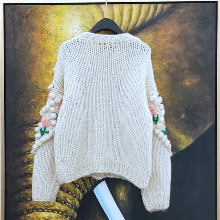 Apricot round neck hotsell floral crochet loose sweater