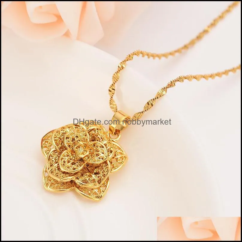 Earrings & Necklace Gold Dubai India Flower Pendant Necklaces Chain For Women Jewelry Sets Wedding Bridal Girls Christmas Gifts