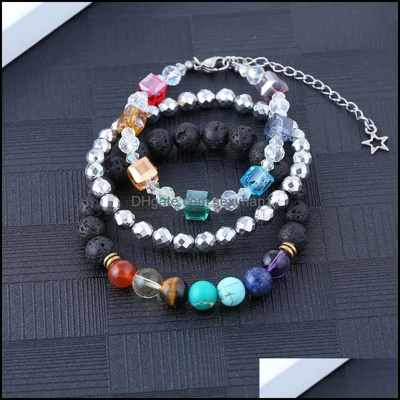 Fios Bracelets J￳ias Pedras naturais e chakra de cristal Hematita Cura Ncing Lava Rock Difusor Declara￧￣o Bracelet Set para mulheres (3pcs a