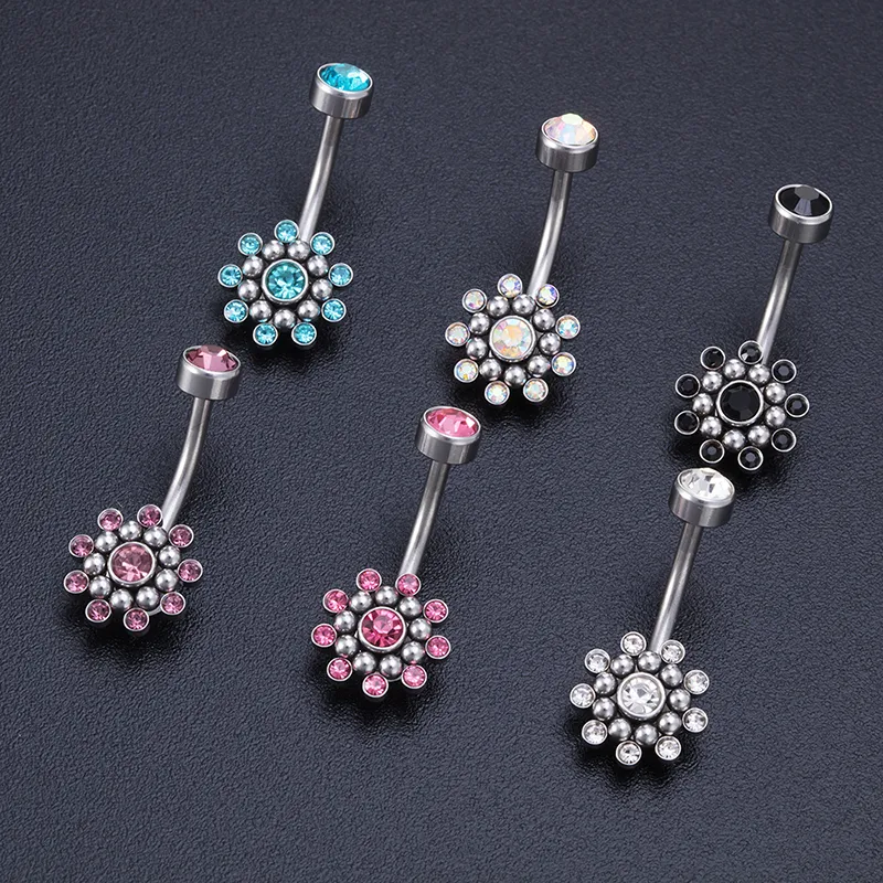 Gemme nombril Piercing fleur nombril anneaux barre acier chirurgical Ombligo balancent fête haltère pour femme bijoux de corps