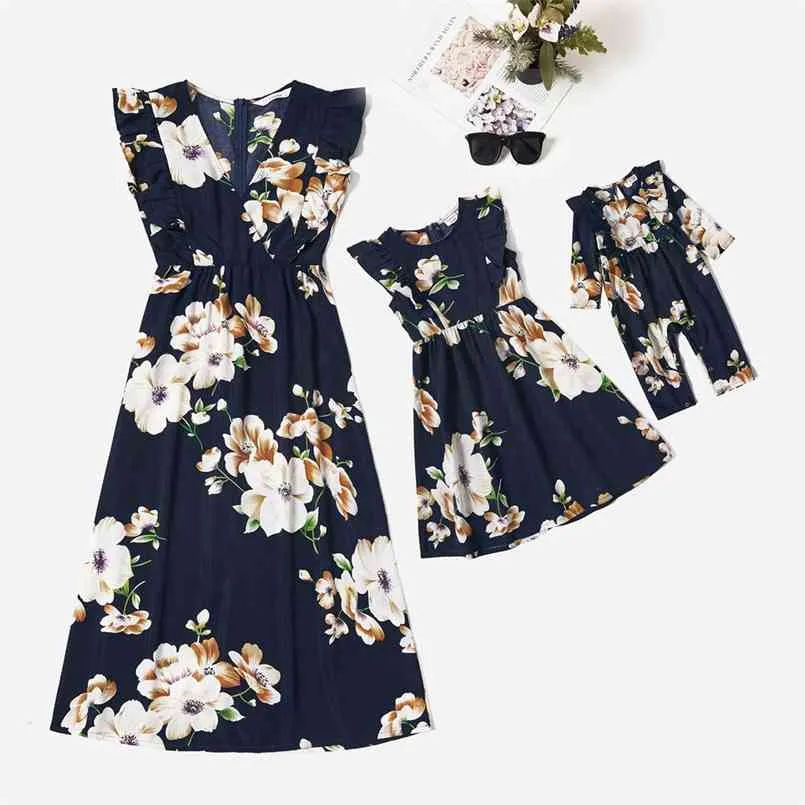 Mörkblå blommigryck Matchande Midi Dresses 210528