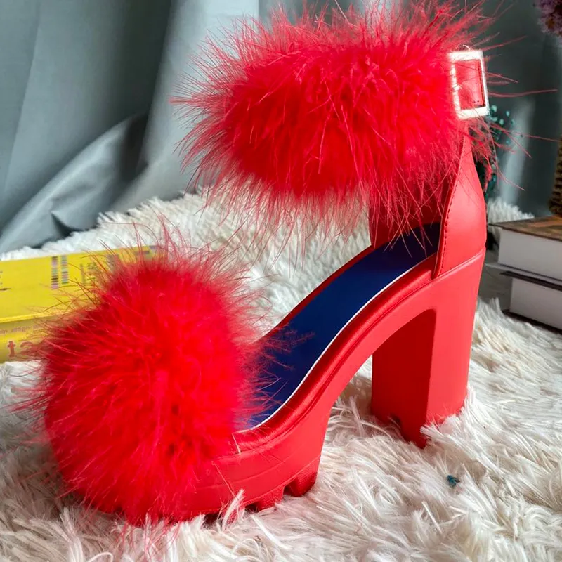 Woman Furry High Heels Pumps Buckle Platform Heels Sandals With Fur Women Square Heel Ankle Strap Open Rubber Party 2020 J2023