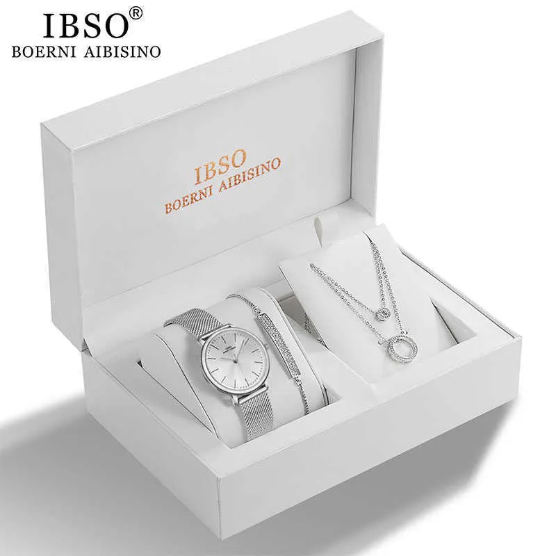 Set di orologi al quarzo da donna IBSO Collana con bracciale di design in cristallo Set di gioielli femminili Moda regalo in argento di lusso da donna 210616