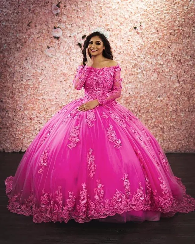 2023 Fuchsia Floral Princesse Quinceanera Robes Bateau Cou À Manches Longues En Dentelle Appliques Balayage Train Robe De Bal Filles Noires Brithday Prom Party Sweet 16 Robe Rose Rouge