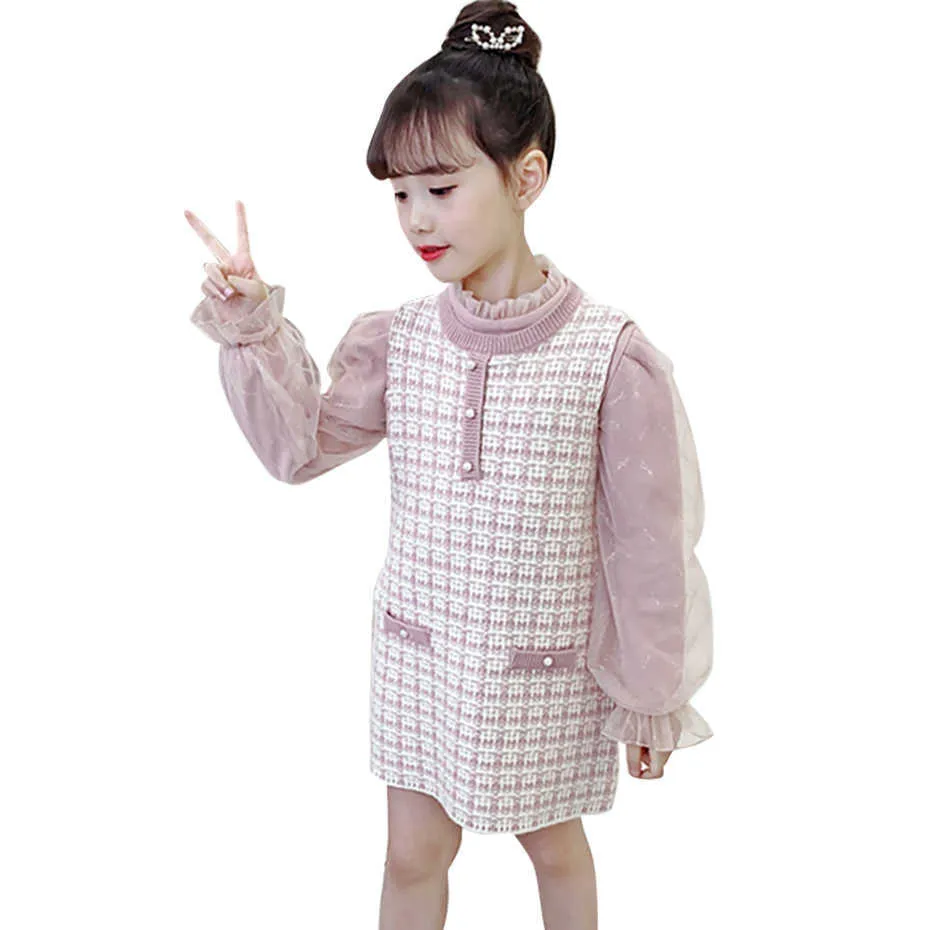 아이들의 옷 격자 무늬 조끼 + 소녀 퍼프 슬리브 패치 워크 아동복 6 8 10 12 14 210528