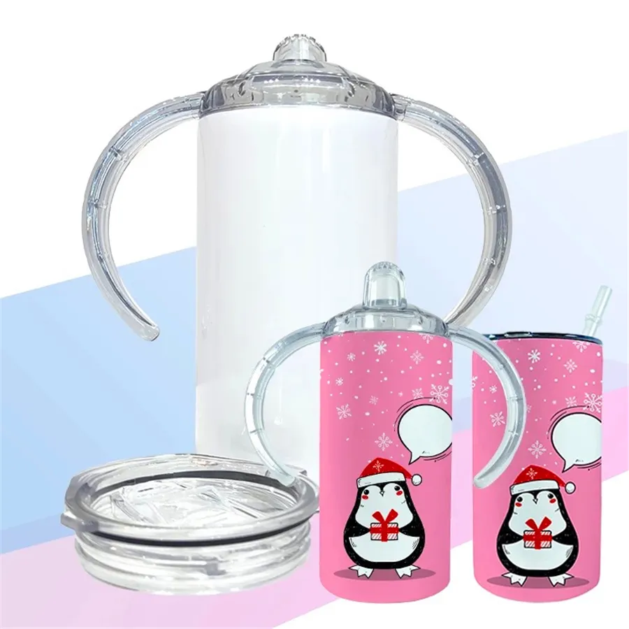 12oz Sublimazione di Sublimazione Dritto Stippy Tazza Tumbler Doppio manico in acciaio inox Bottiglia per bambini Doppio parete Aspirapolvere Tazza Isolata da calore Bambino Bambino Bambino all'ingrosso AAA