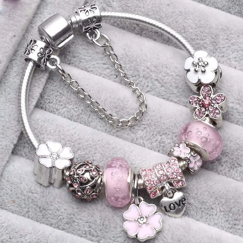 PANDORA S925 CHAIN BRACELET WITH PINK LOVE HEART FLOWER EUROPEAN CHARMS