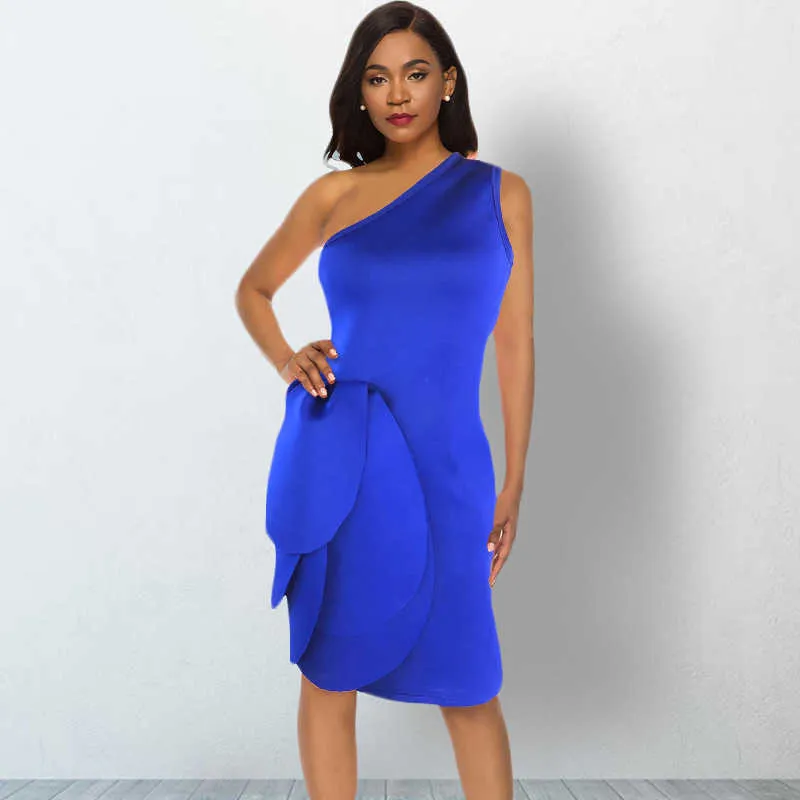 Robe moulante bleue à une épaule pour femmes Mini longueur Club Wear Filles Sexy Party Bodycon Night Out Robes avec volants S XXL 210527