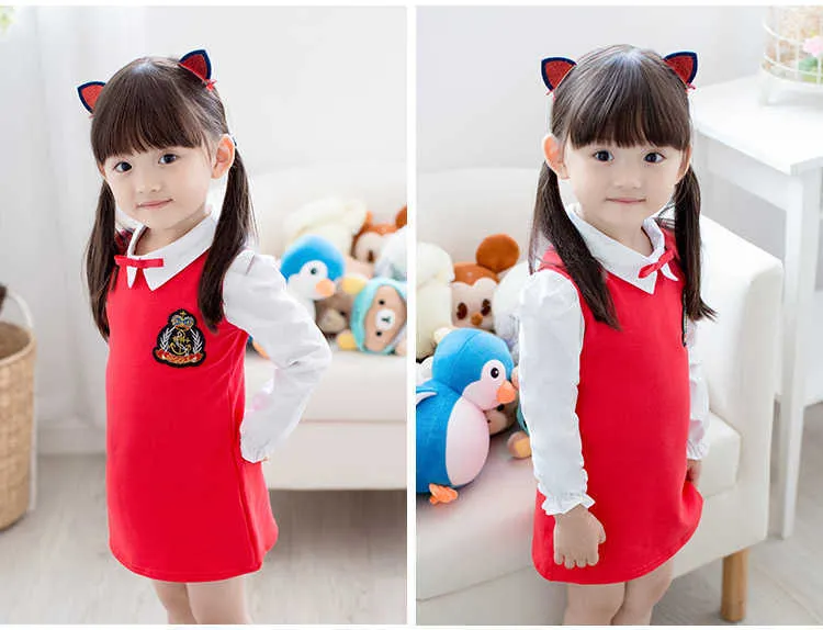  Sping Autumn New Fashion Preppy Style A-Line Long Full Sleeve Turn-Down Collar Red Blue Princess Kids School Girl Dress (4)