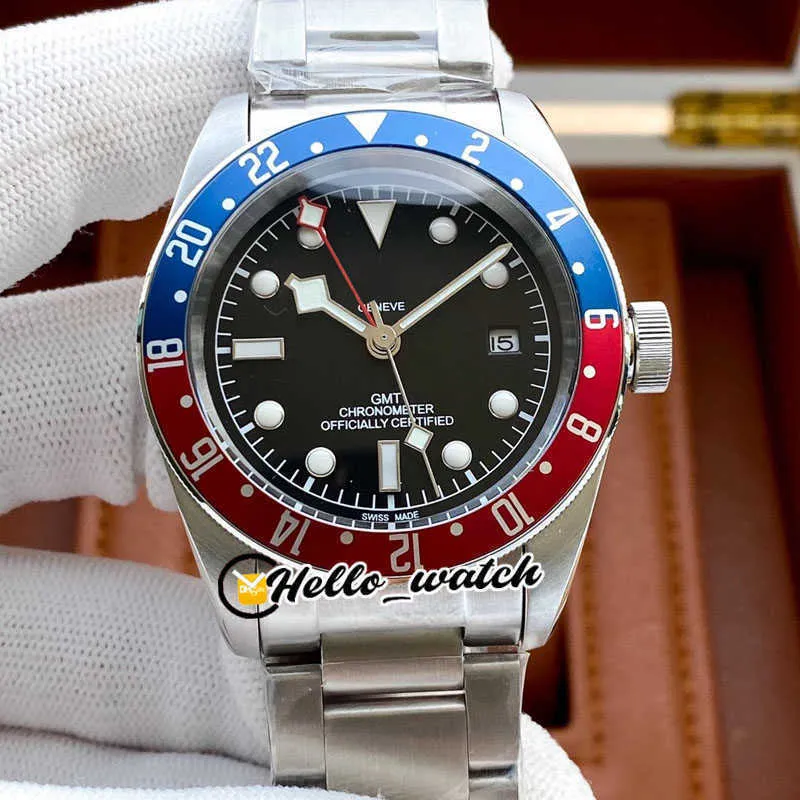 デザイナーウォッチ41mm GMT M79830RB-0001 79830ジェントアジア人2813自動メンズウォッチブラックダイヤルレッド/ブルーベゼルステンレススチール製ブレスレット