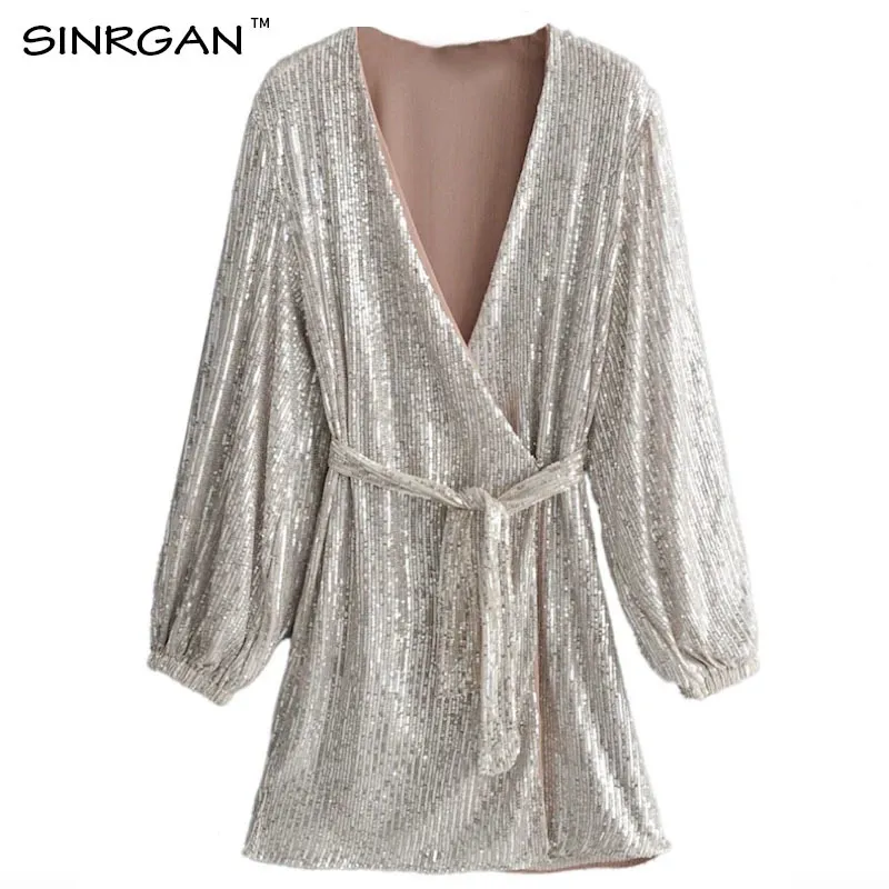 Silver Sequin Party Dresses: Womens Sexy V-Neck Mini Wrap Dress - Shop Now!  from Dhgate Basic & Casual Dresses - price 46.62