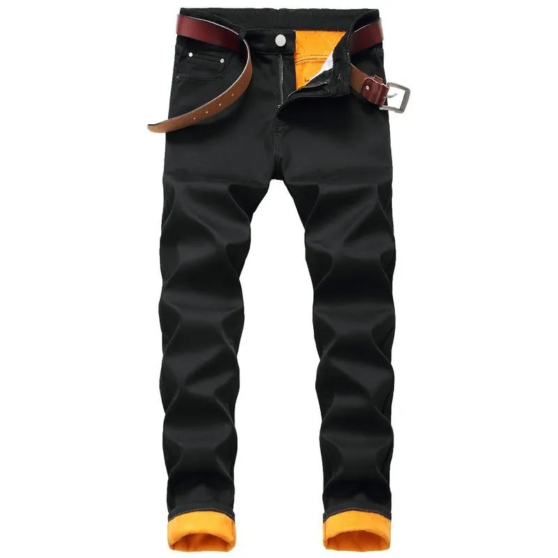 Herr jeans herrar vinter termisk varm plus fleece rak flockande smala passformbyxor fodrade byxor män förtjockande denim277z