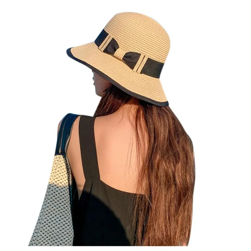 와이드 브림 모자 리본 프랑스 파나마 밀 짚 모자 여성 해변 스타일 여름 활 어 부 여성 남성 일선 레이디