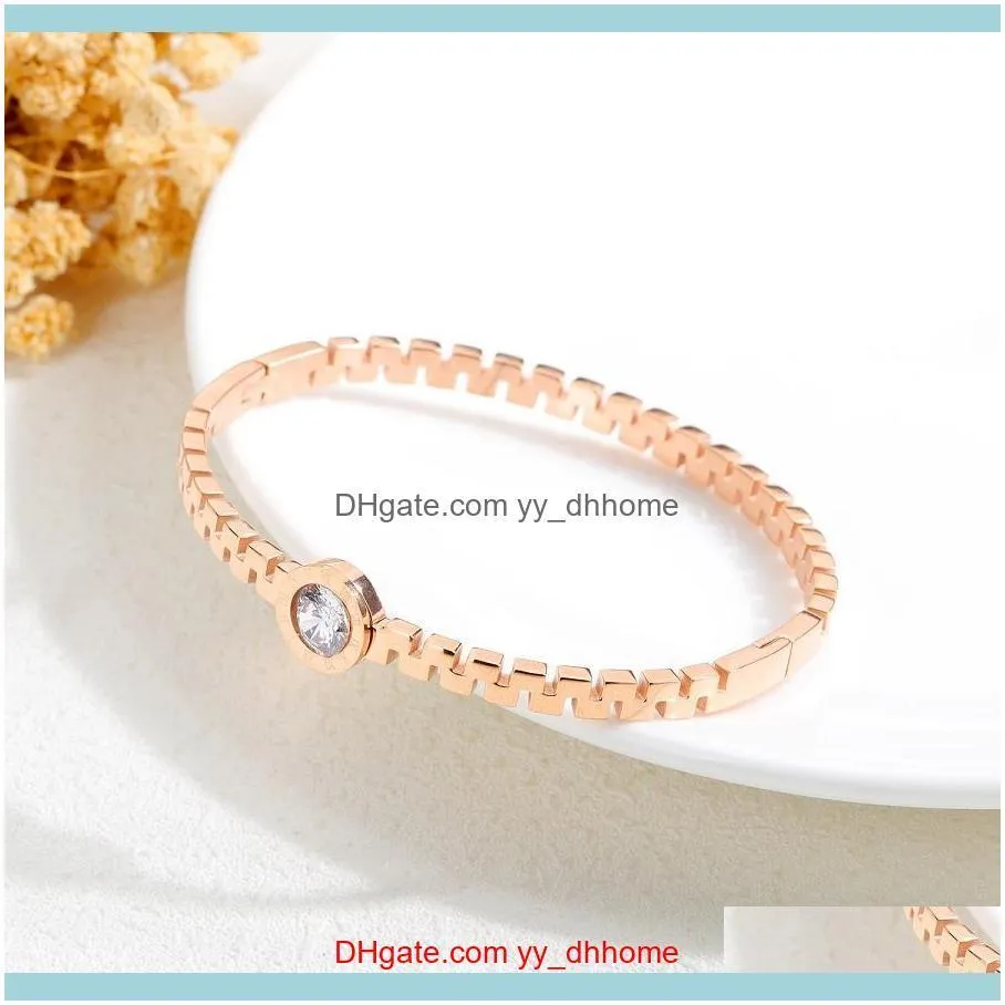 Fashion luxury designer sparkling diamond zircon Roman Numerals rose gold titanium steel bangle bracelet for woman girls 17 cm