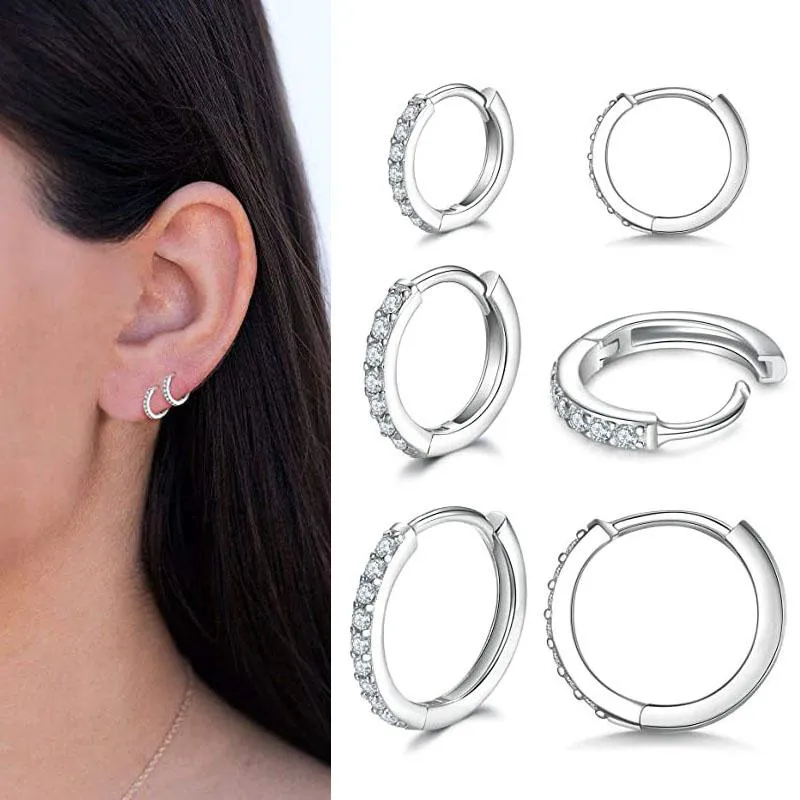 Hoop & Huggie 2 Pcs Cubic Zirconia Silver Hoops Earrings For Women Cartilage Earring Sterling Men Small