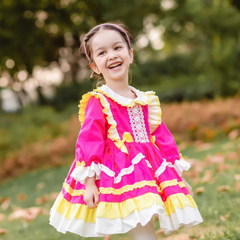 Bebé menina manga comprida vintage espanhol turco bola vestido crianças outono inverno rosa vermelho lolita princesa vestido para criança meninas 210615