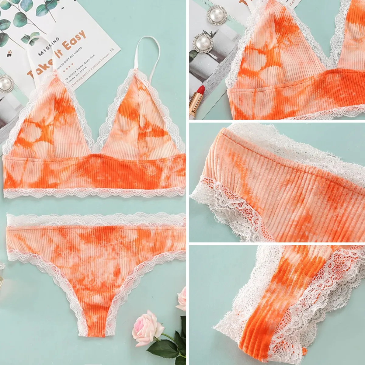 Watercolor Tie Dye Half Cup Bra with Lace in Orange