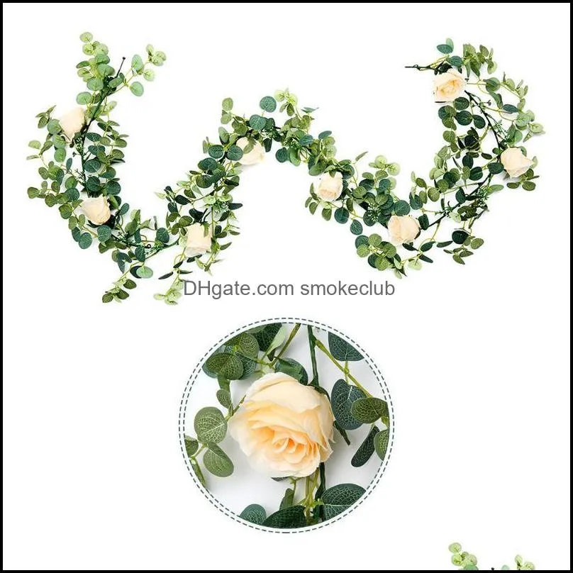 Decorative Flowers & Wreaths 1.8m Artificial Eucalyptus Rose Garland Hanging Rattan Vertical Garden Family Party Wedding Background Wall